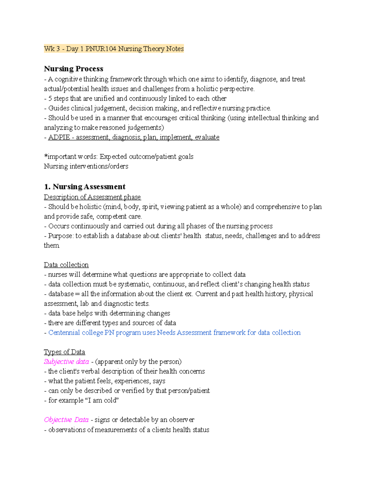 PNUR104 Week 3 Day 1 Nursing Theory Process Notes - Studocu