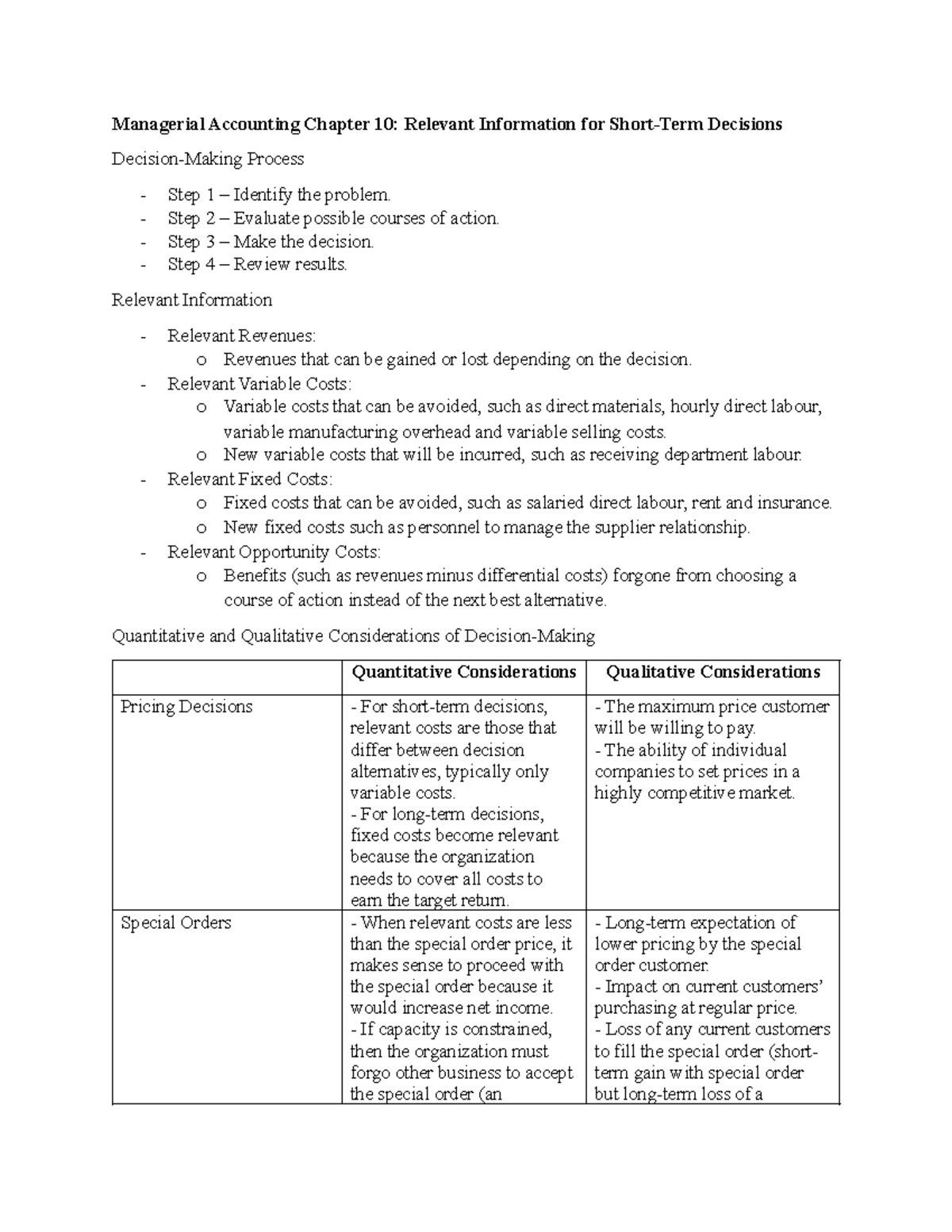 Managerial Accounting Chapter 10 Summary - Relevant Information for ...