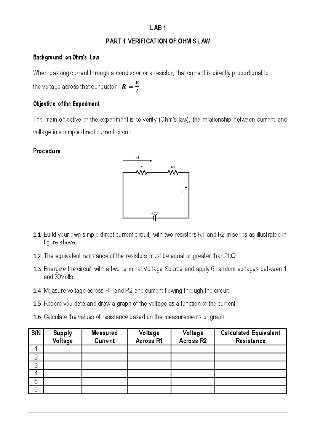 EEB 231 Lab 1 - PRACTICE ++ - LAB 1 PART 1 VERIFICATION OF OHM’S LAW ...