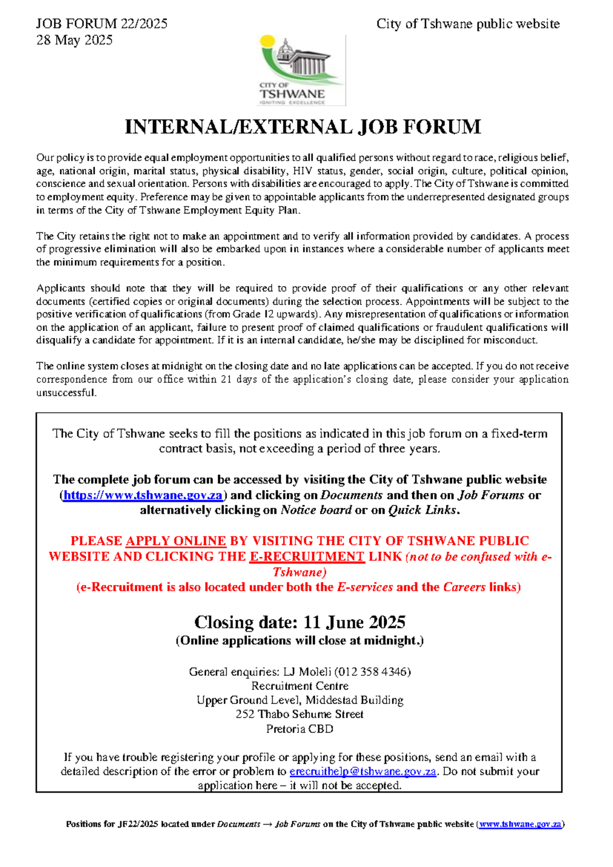 Job Forum 2025: City of Tshwane Employment Opportunities & Guidelines ...