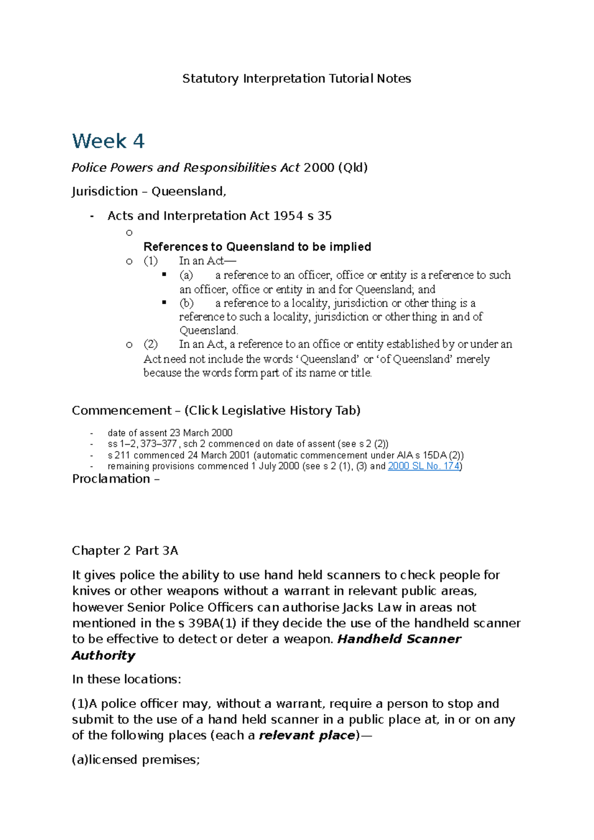 Statutory Interpretation Tutorial Notes: Week 4 & 7 Overview (Qld ...