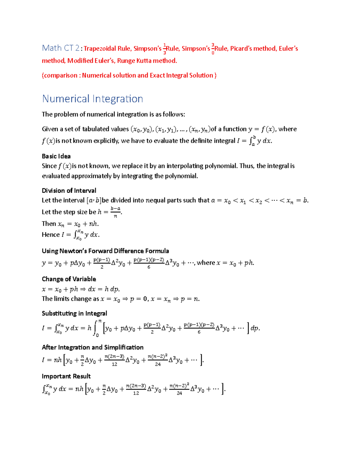 Math CT 2: Numerical Integration and Trapezoidal Rule Methods - Studocu