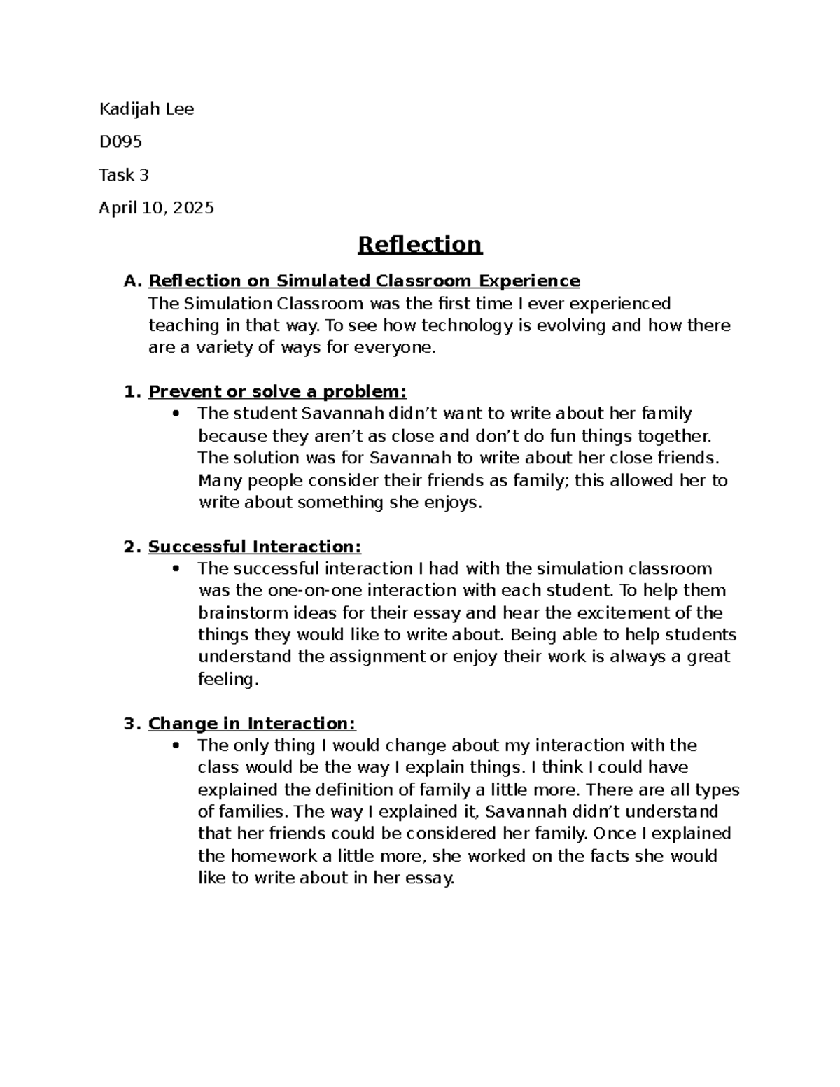 D095 Task 3 Reflection on Simulated Classroom Experience - Studocu