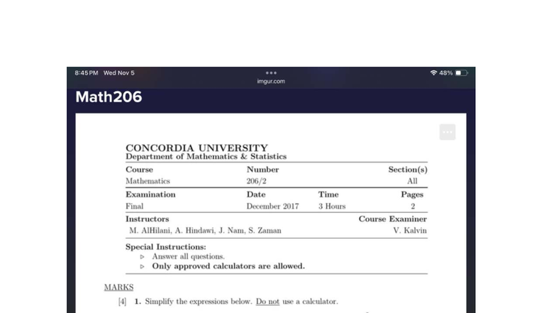 MATH 206 Final Exam Practice - December 2017 - Studocu