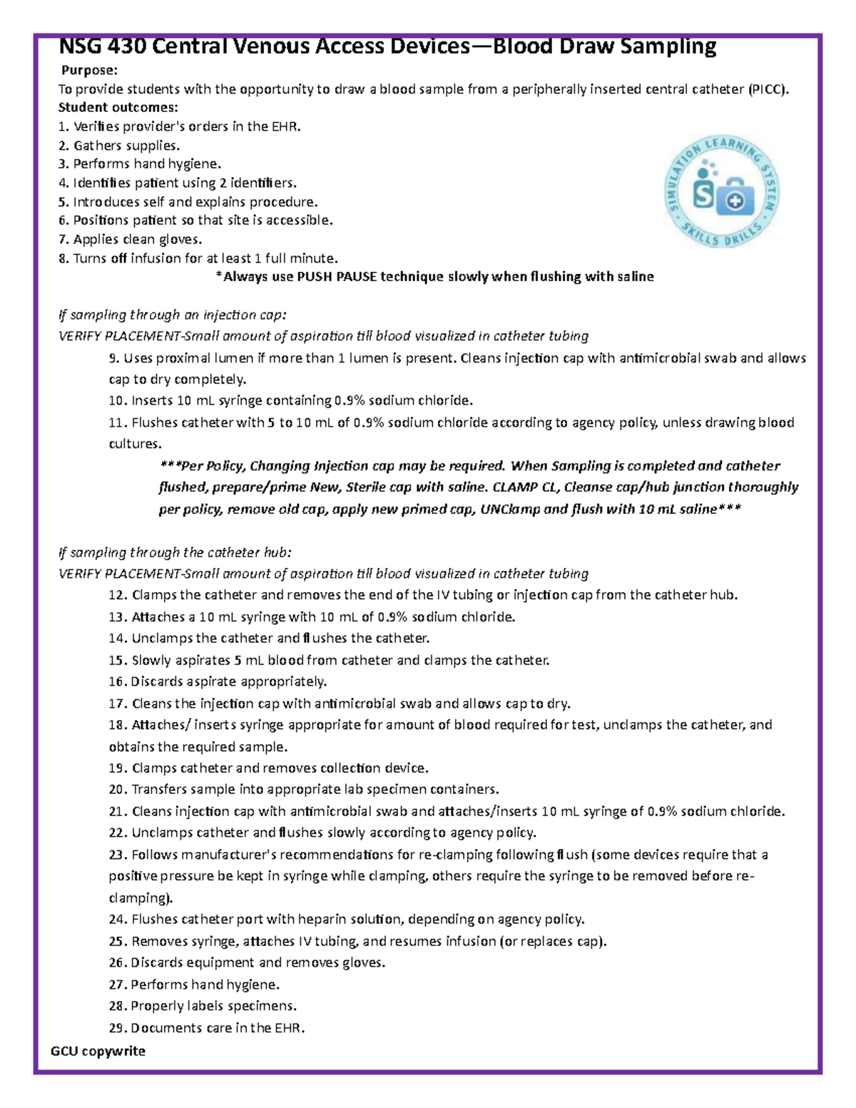NSG 430 Final Skills Drill: CVAD Blood Draw Sampling Guide - Studocu