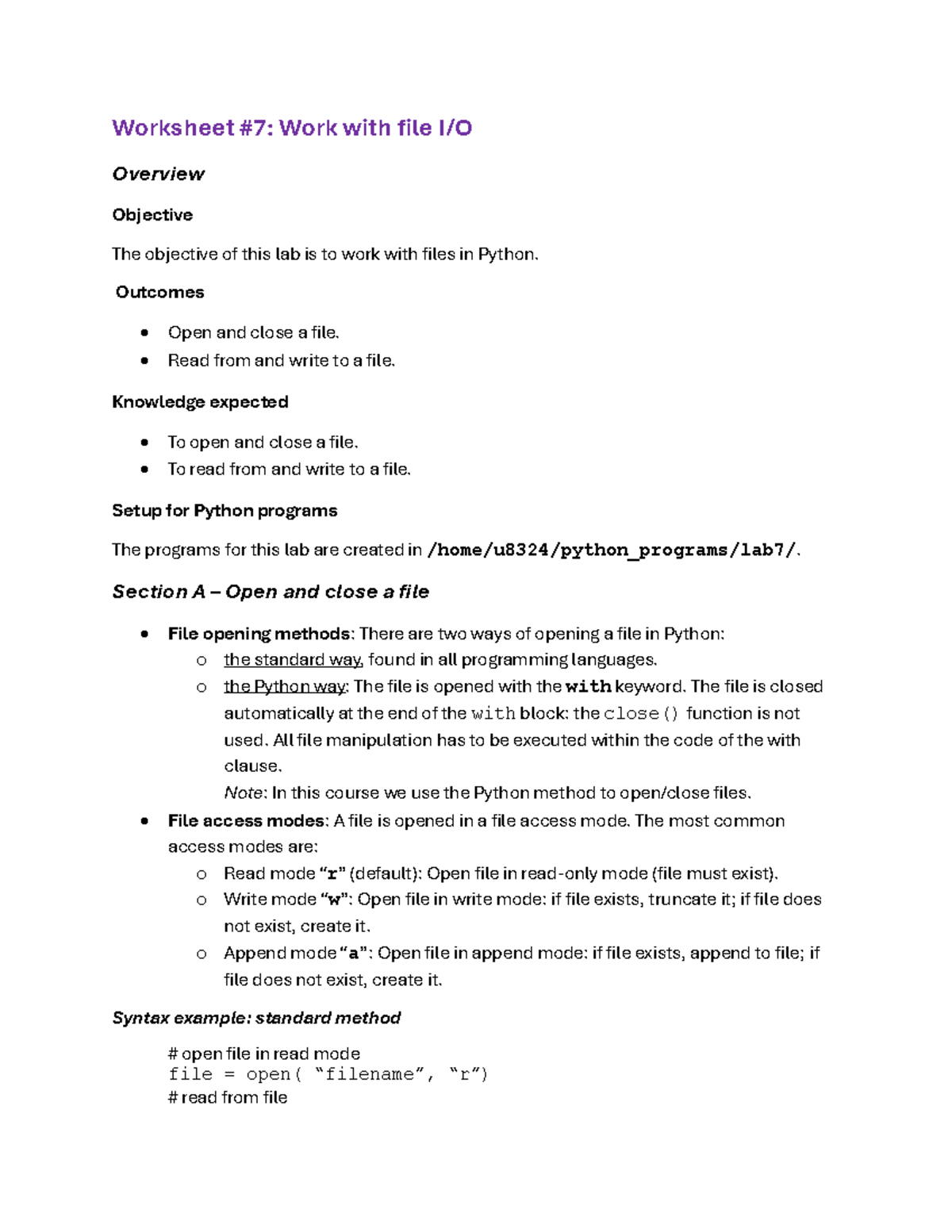 CST8324 Lab 7 Worksheet: File I/O in Python - Studocu