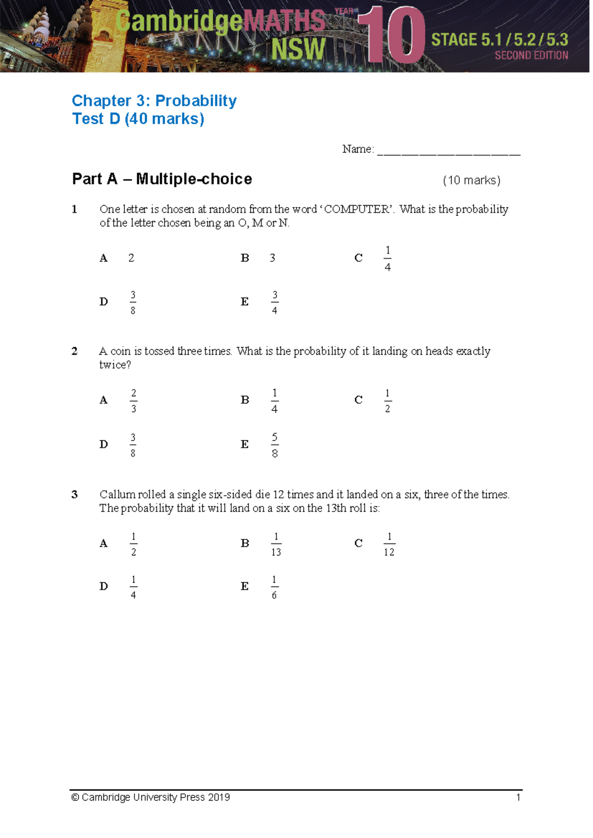 Chapter 3: Probability Test D (40 Marks) - Camb Maths 10 Practice - Studocu