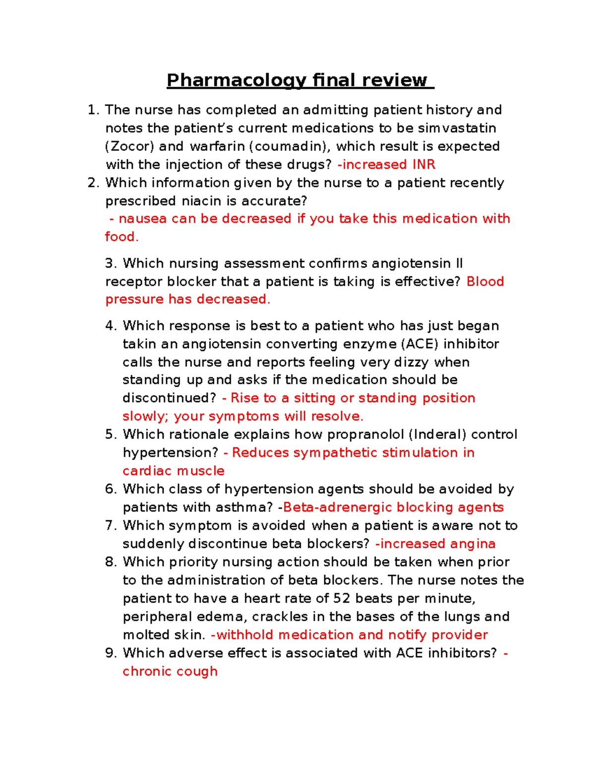Pharmacology Final Review: Key Concepts and Medications - Studocu