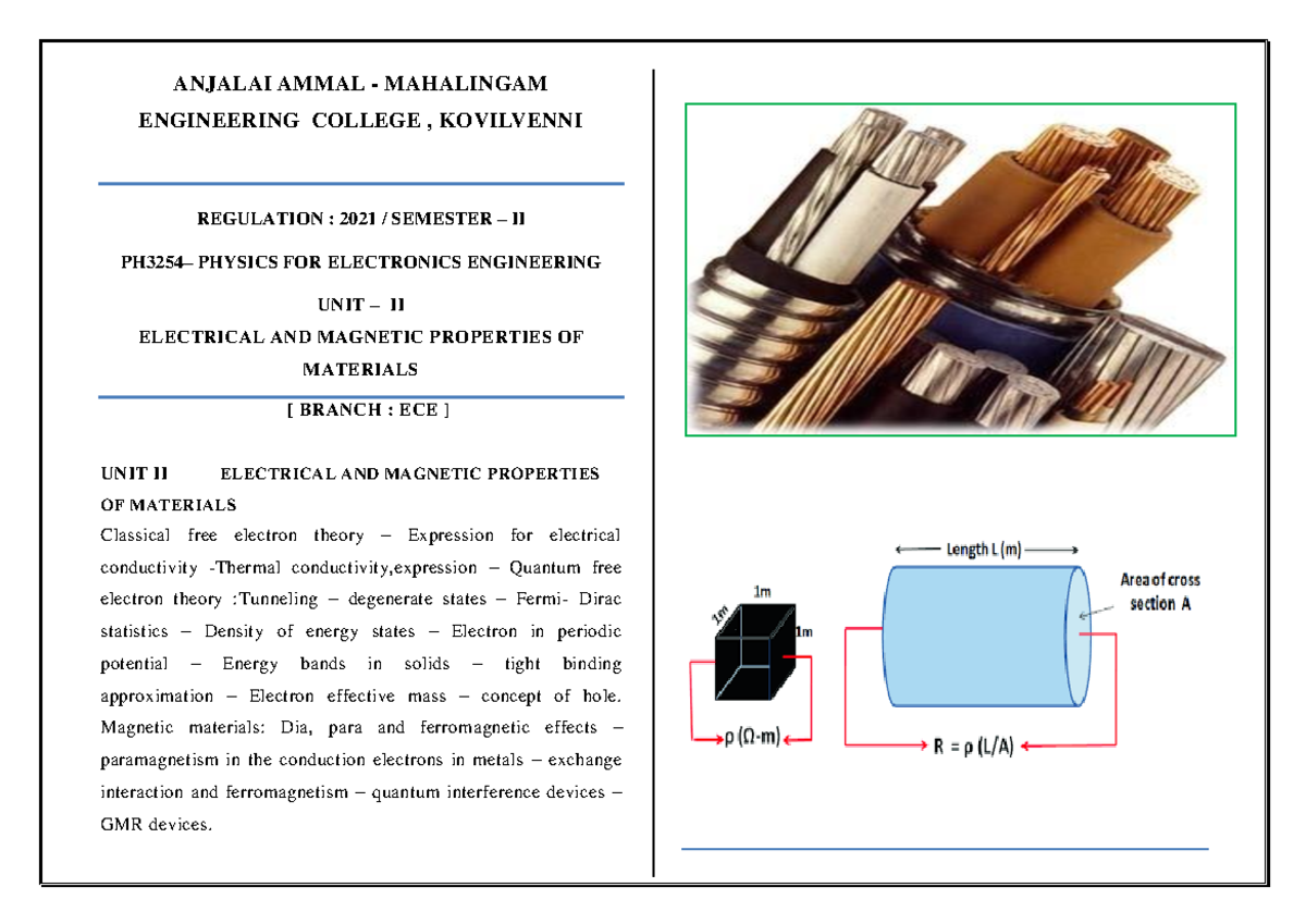 Unit II - PH3254 - Electrical and Magnetic Properties of Materials ...