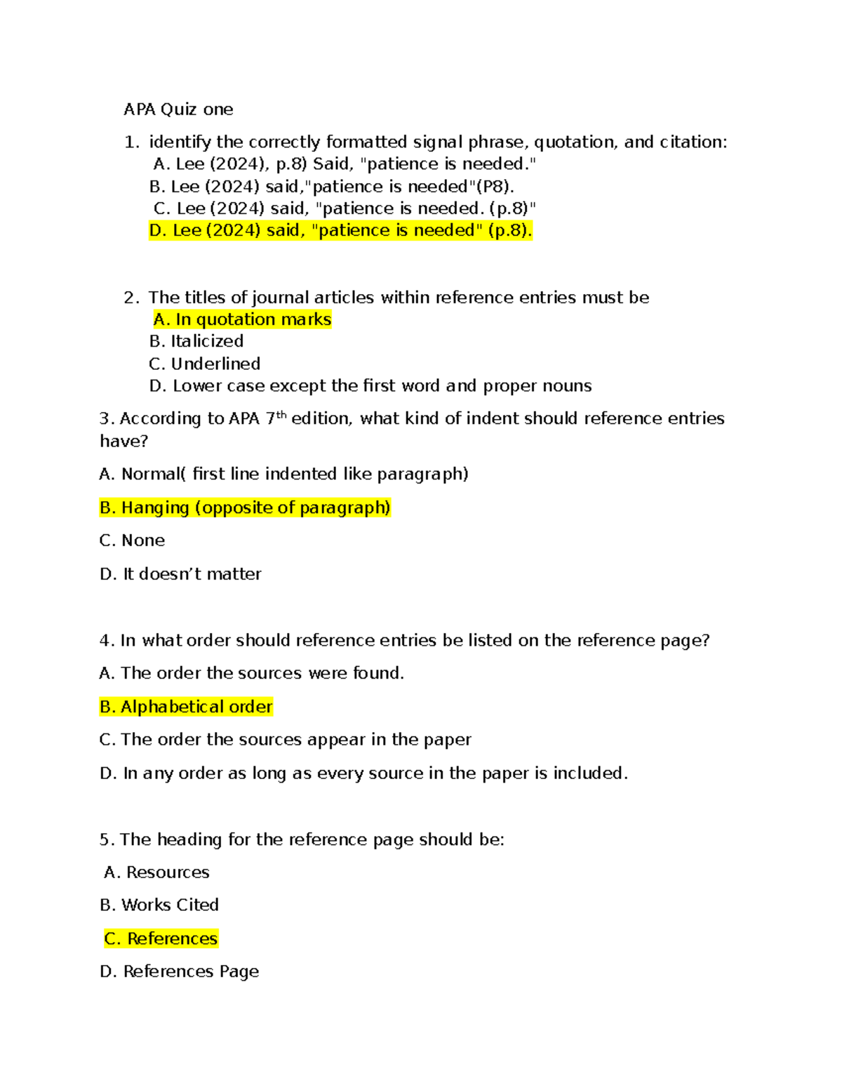 APA Quiz I: Key Concepts and Formatting Guidelines - Studocu