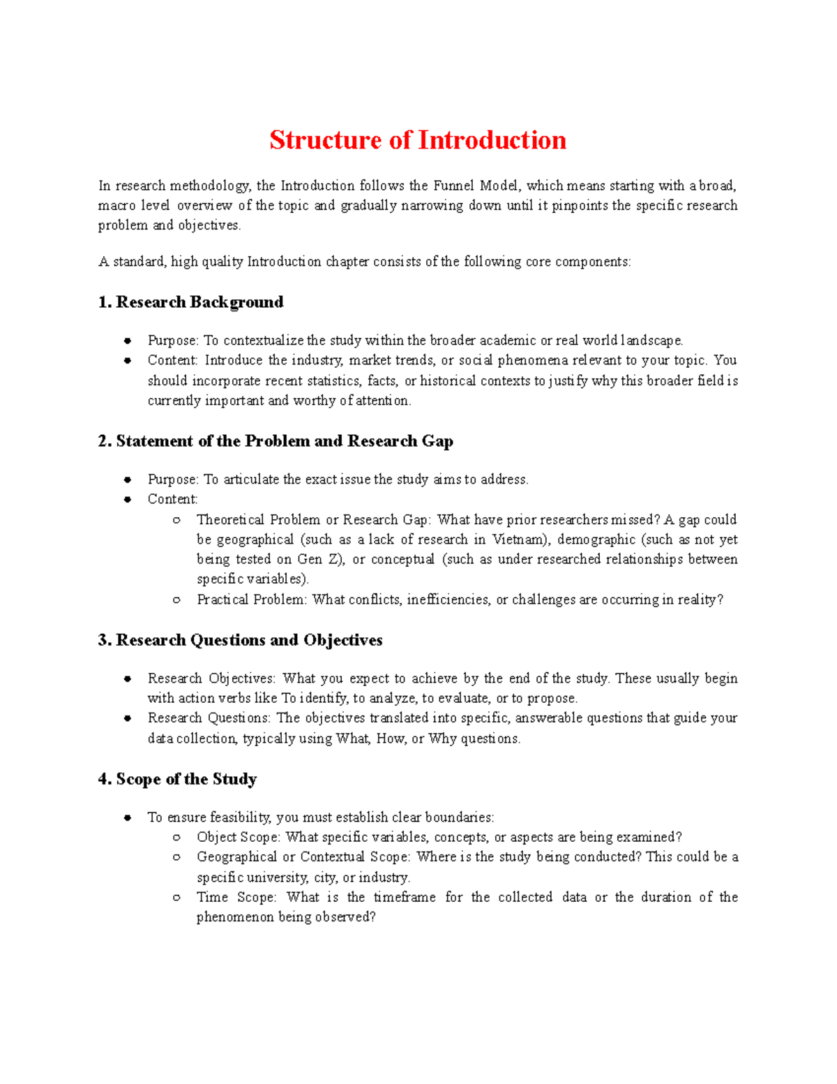 Research Methodology: Structure of Introduction Chapter - Studocu