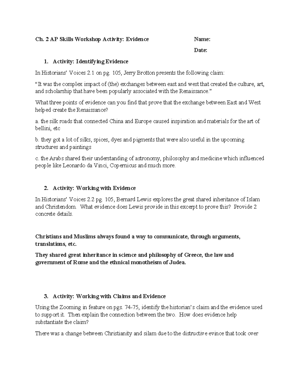 Ch. 2 AP Skills Workshop: Evidence Activity Analysis (pgs. 74-75, 105 ...