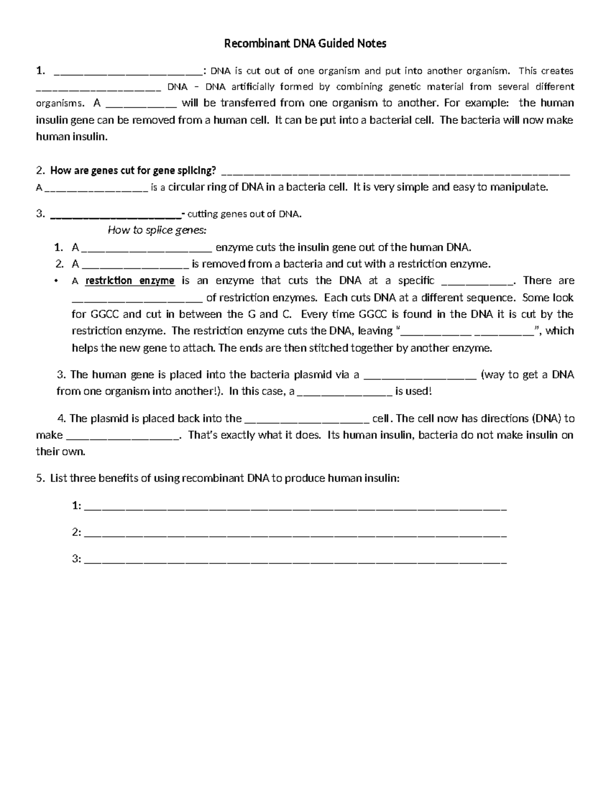 Recombinant Summative - Recombinant Dna Guided Notes 1 