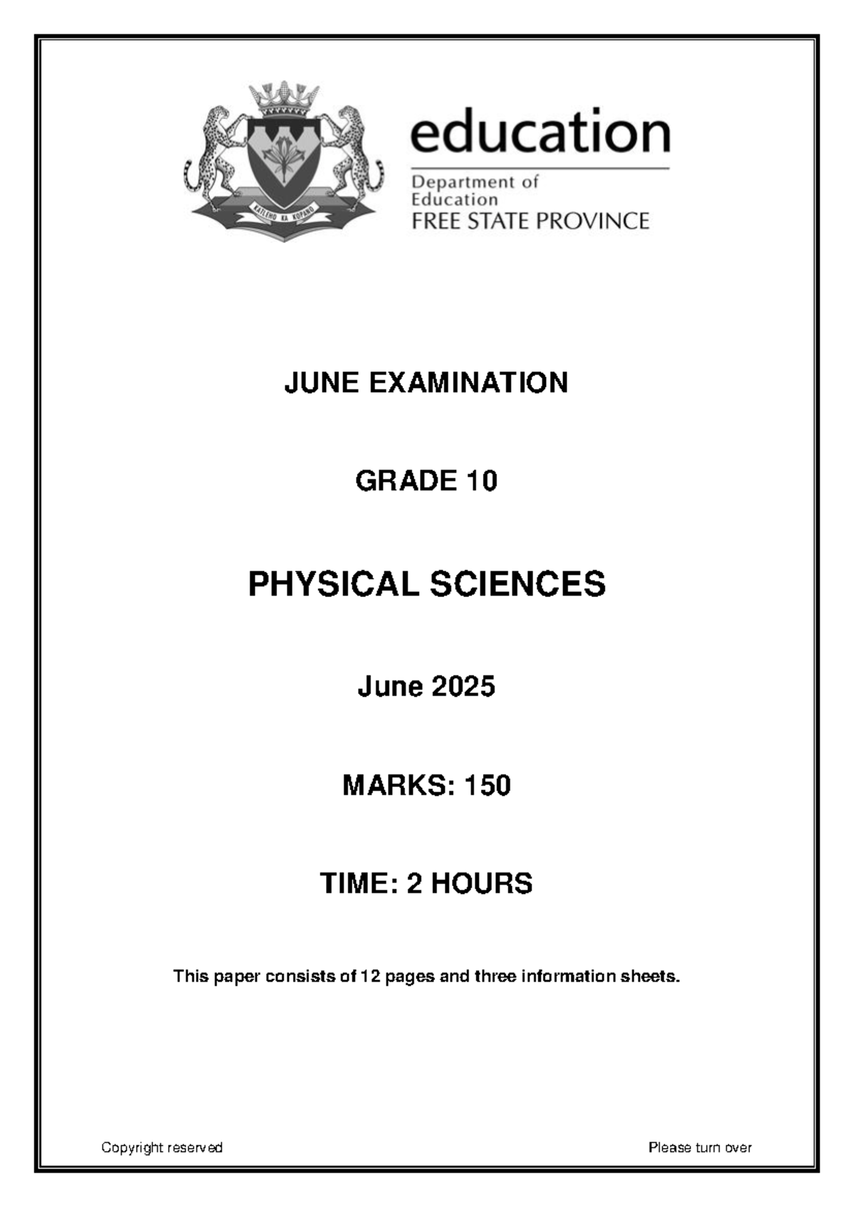 2025 FS Grade 10 Physical Sciences June Exam Paper - Studocu