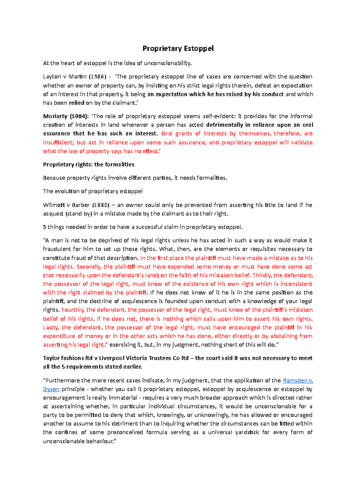 Proprietary Estoppel Notes - Key Cases and Legal Principles - Studocu