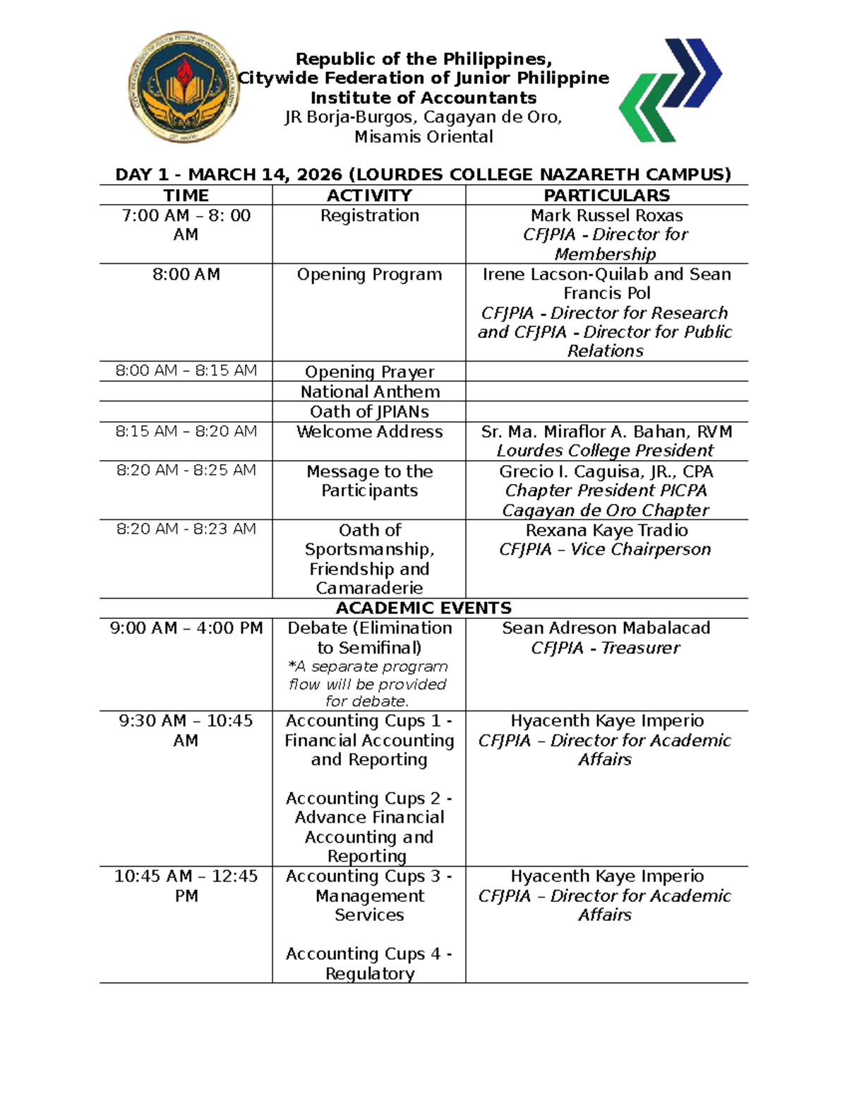 Mindanao Congress Program Flow - CFJPIA JR Cagayan de Oro 2026 - Studocu