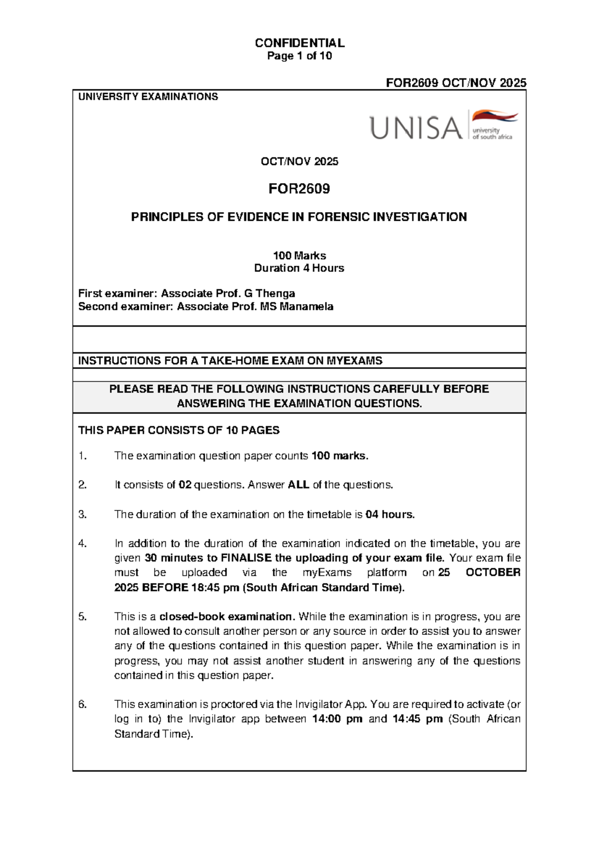 FOR2609 2025 Final Exam: Principles of Evidence in Forensic ...