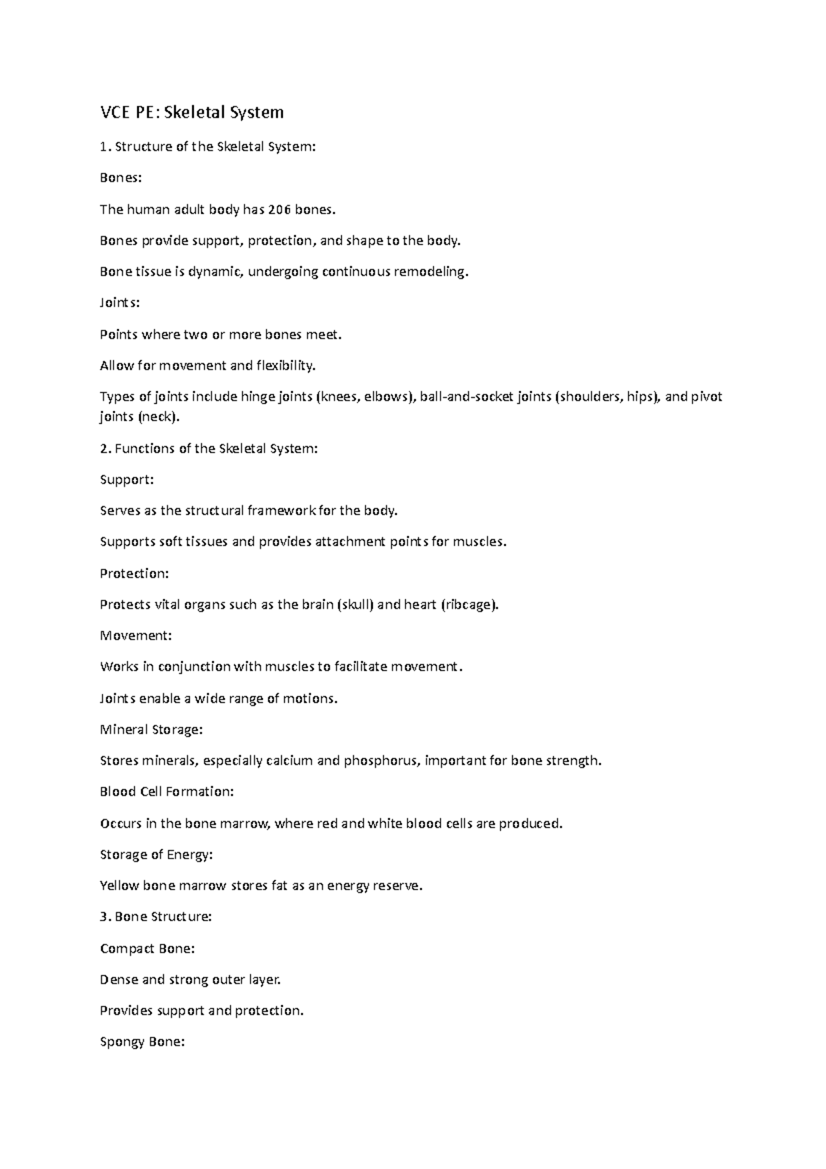 VCE PE: Comprehensive Notes on Skeletal System Functions & Structure ...