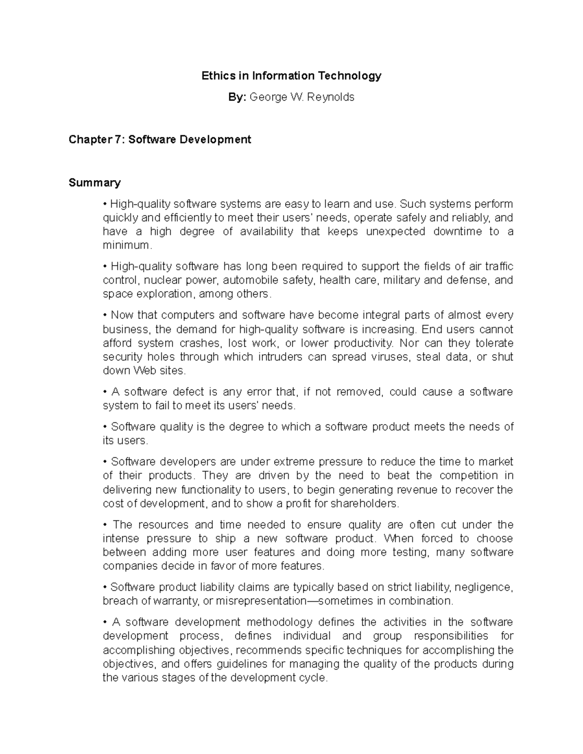 Chapter 7 Summary & Key Terms: Software Development (IT Ethics) - Studocu