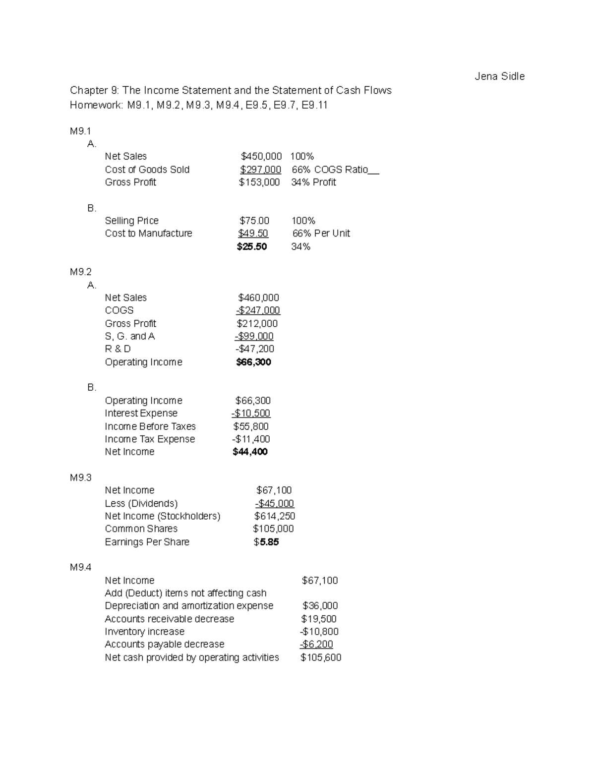 Accounting CH9: Income Statement & Cash Flows HW Solutions - Studocu