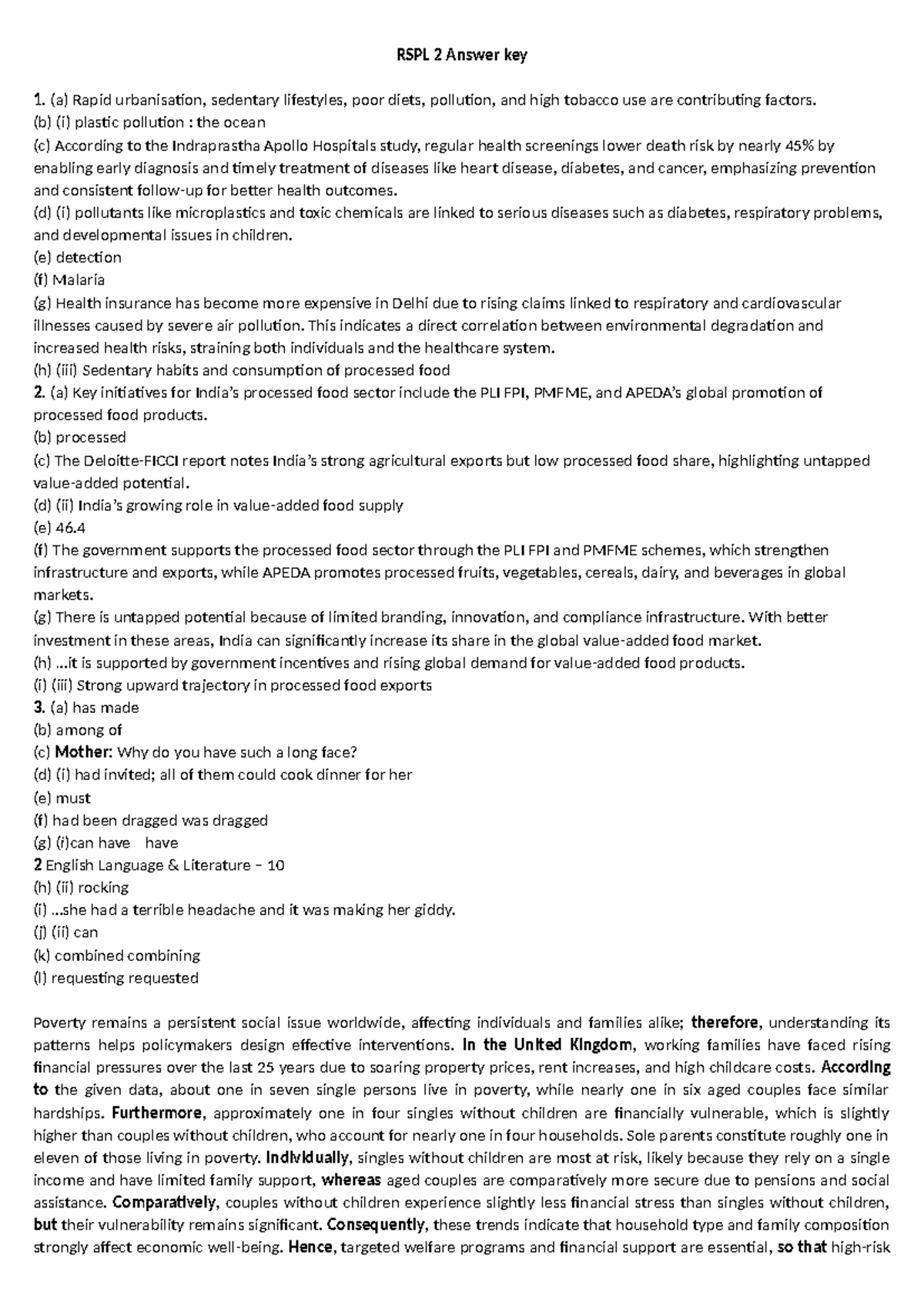 RSPL 2 Answer Key: Urbanization, Health, and Education Insights - Studocu
