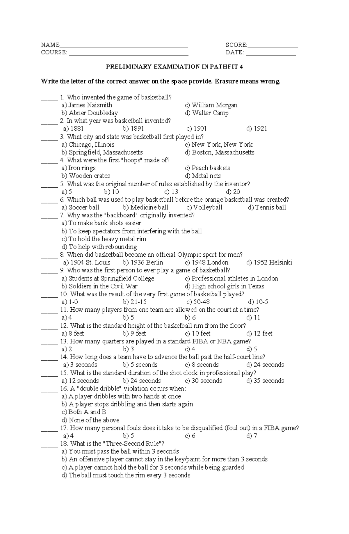 PATHFIT 4 & 2: Preliminary Examination Questions and Answers - Studocu