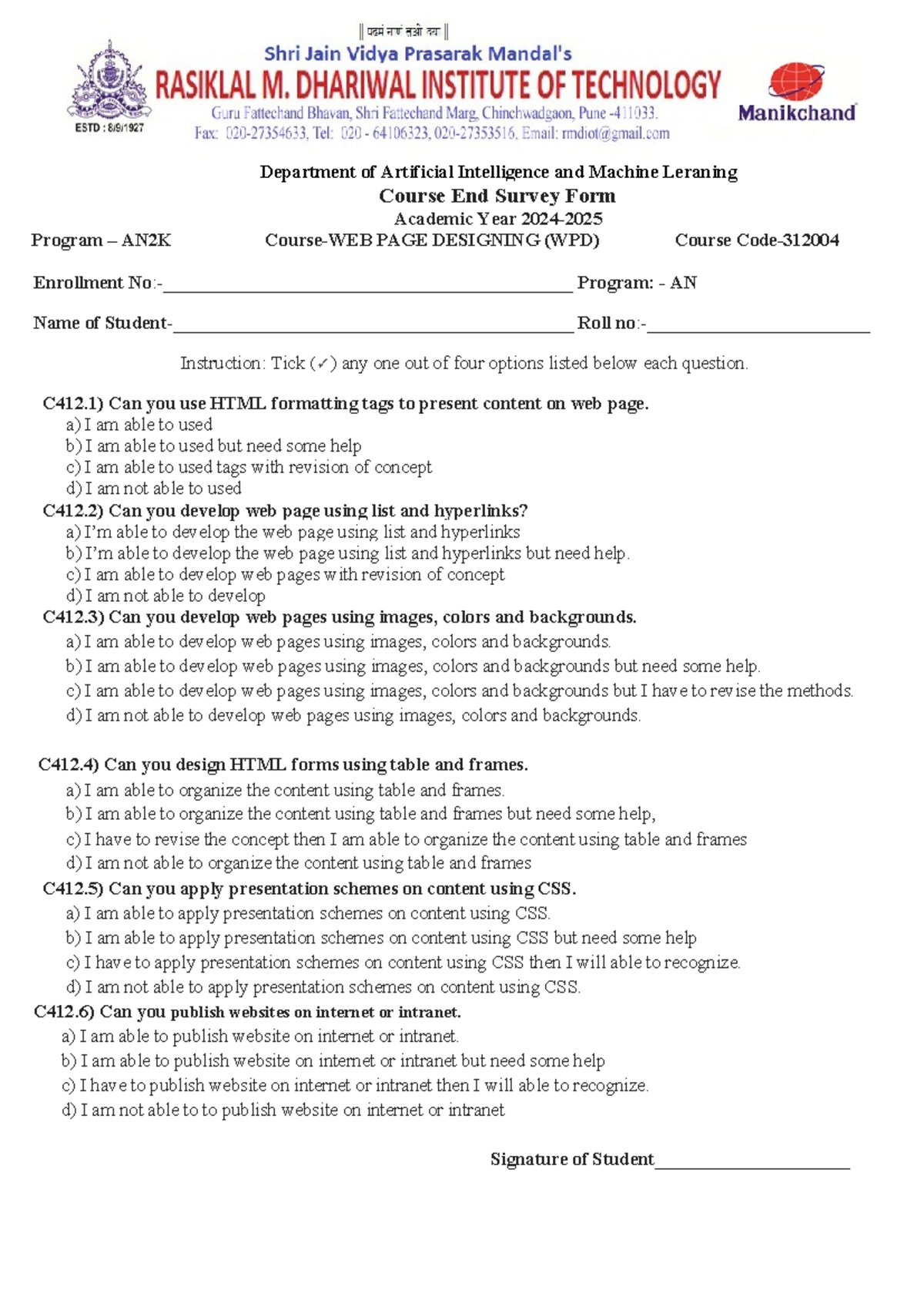 WPD Course exit survey 23-24 - Department of Artificial Intelligence ...