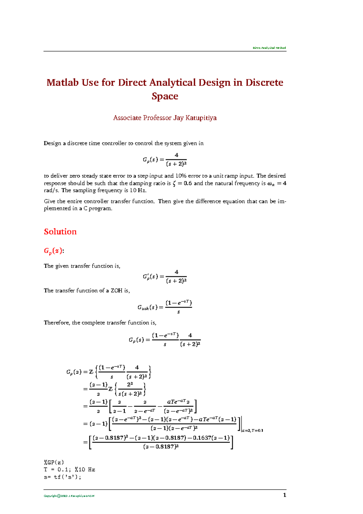 Direct Analytical Design in Discrete-Time Control: MATLAB Guide - Studocu