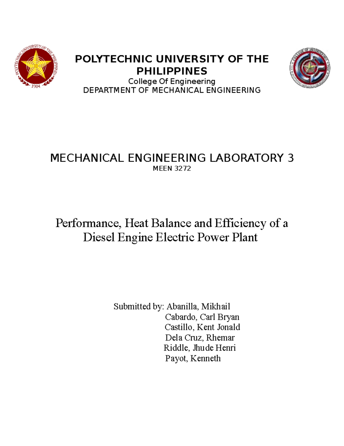 ME-LAB-3 - Formulas and Solution - POLYTECHNIC UNIVERSITY OF THE ...