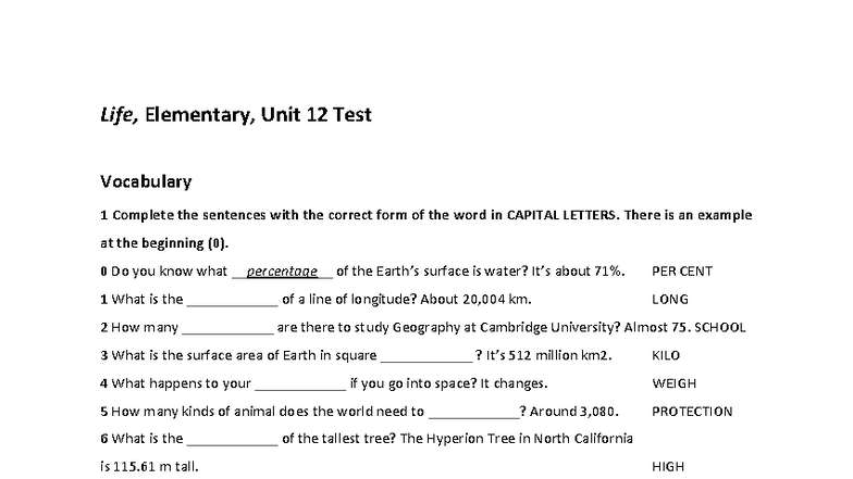 Life 2e Elementary Unit 12 Test: Vocabulary & Grammar Exercises - Studocu
