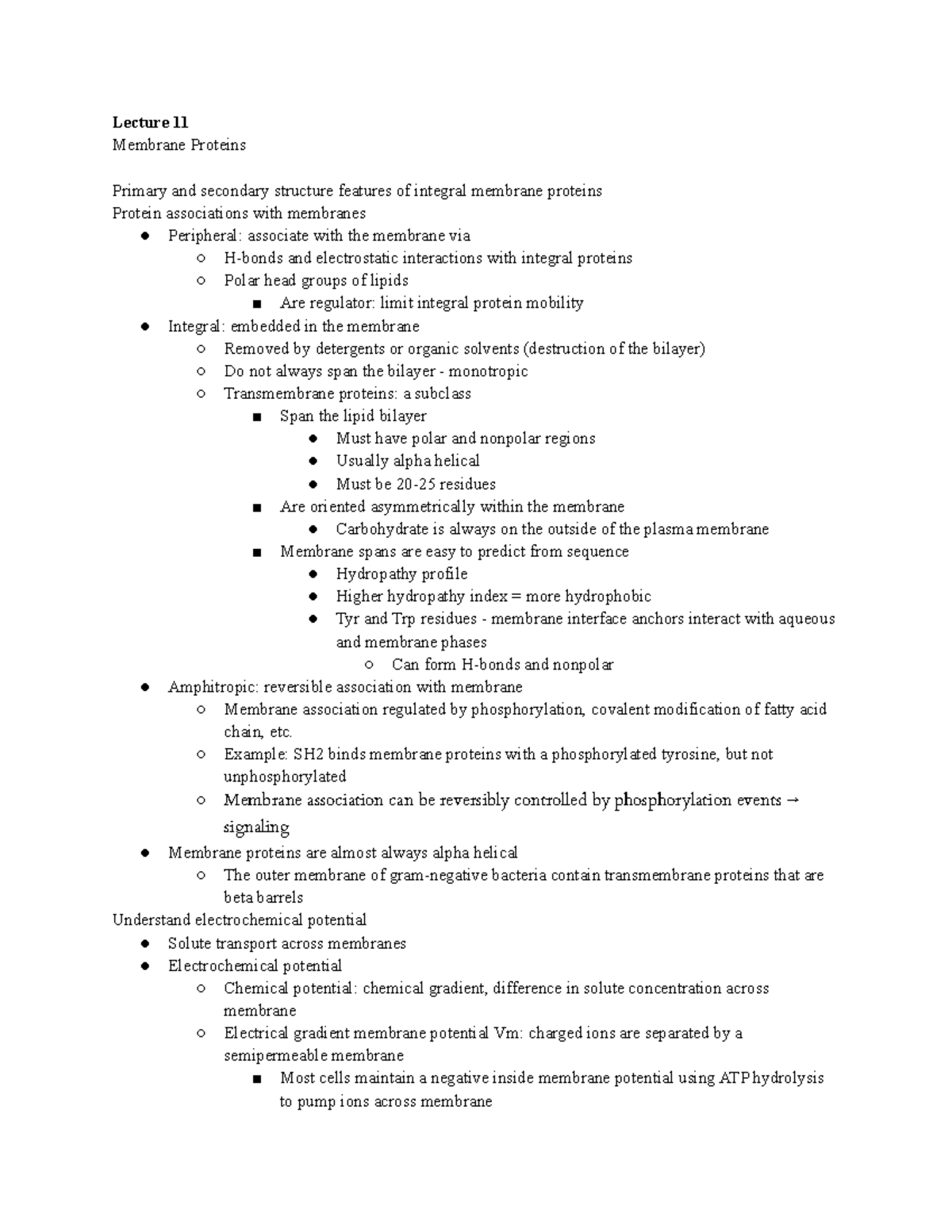 Chapter 11 - Membrane Proteins & Transport Mechanisms Study Guide - Studocu