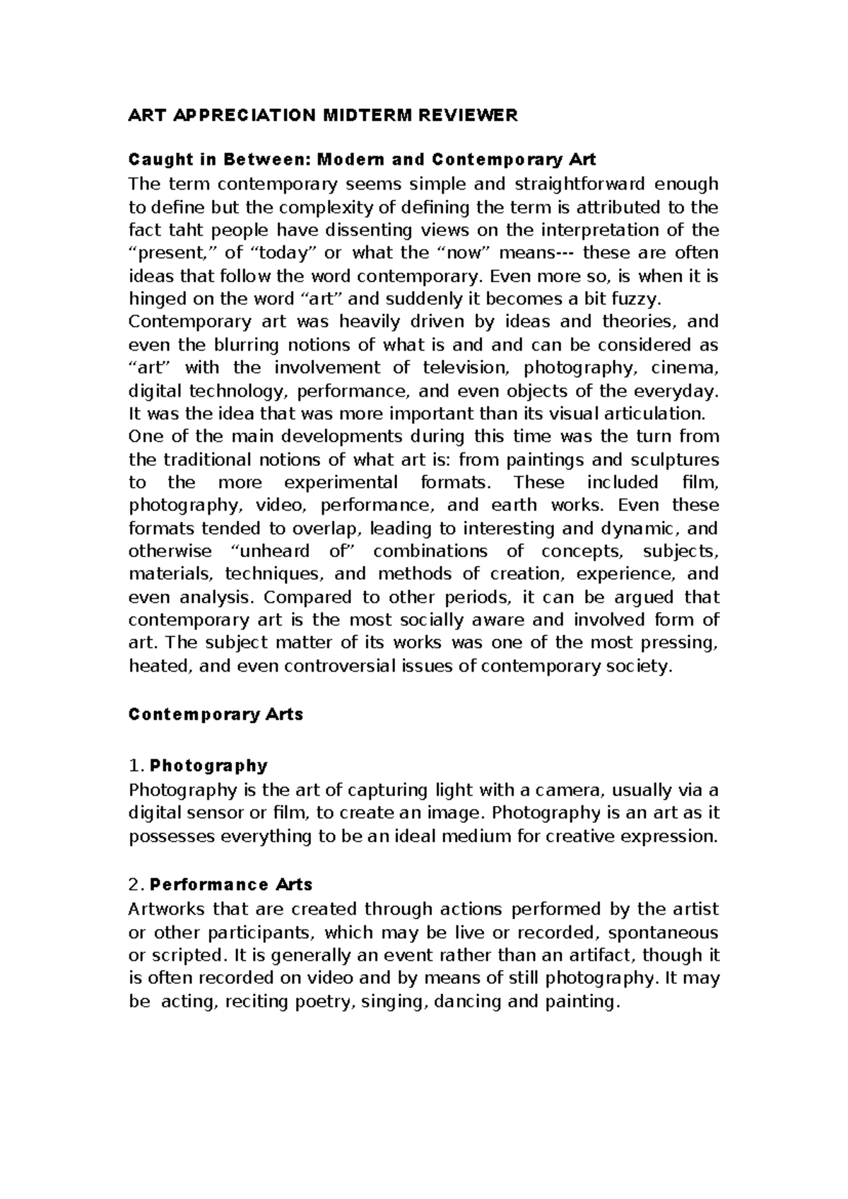 ART APPRECIATION MIDTERM REVIEWER: Modern & Contemporary Art Insights ...