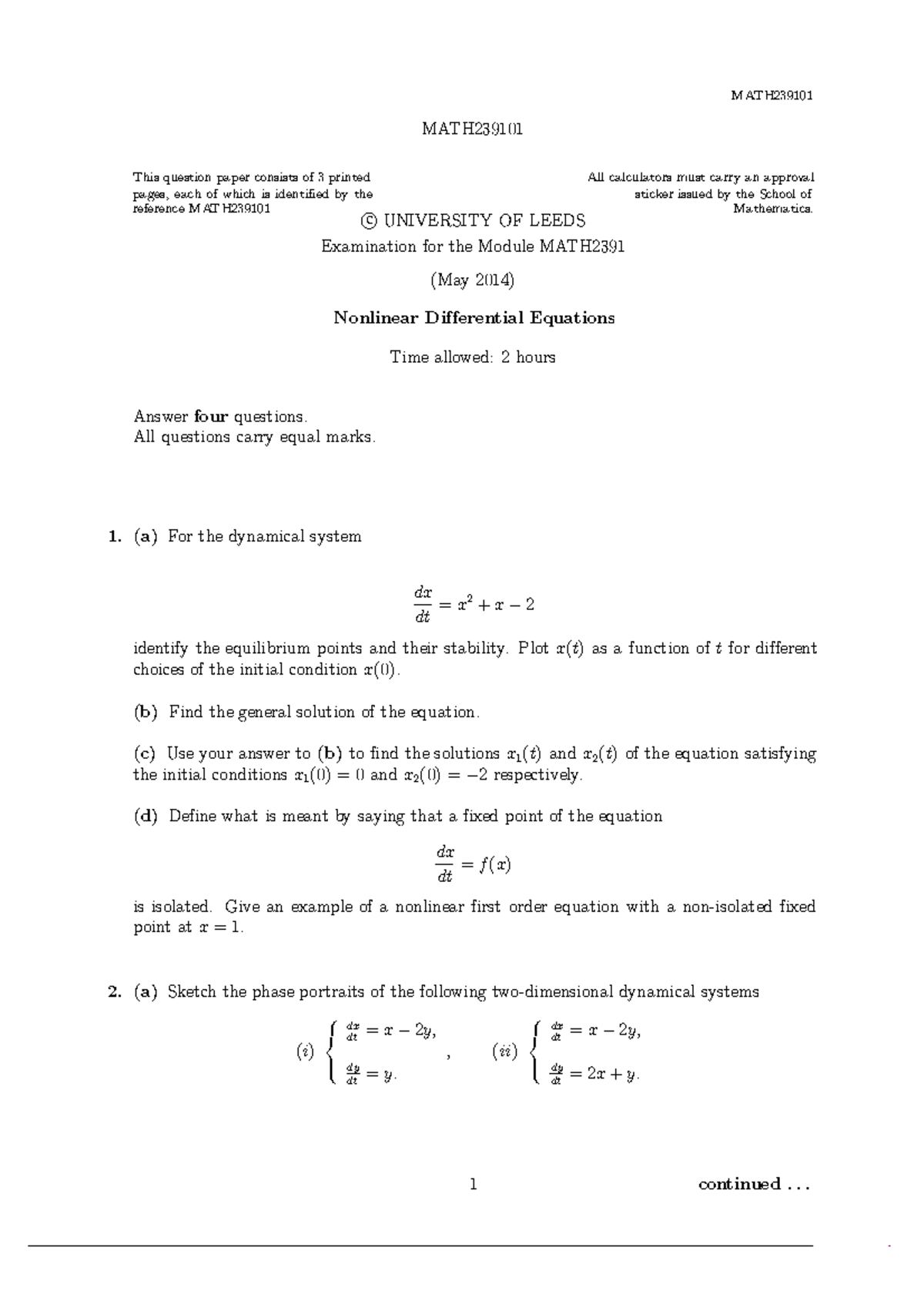 MATH2391 Final Exam Questions - Nonlinear Differential Equations - Studocu