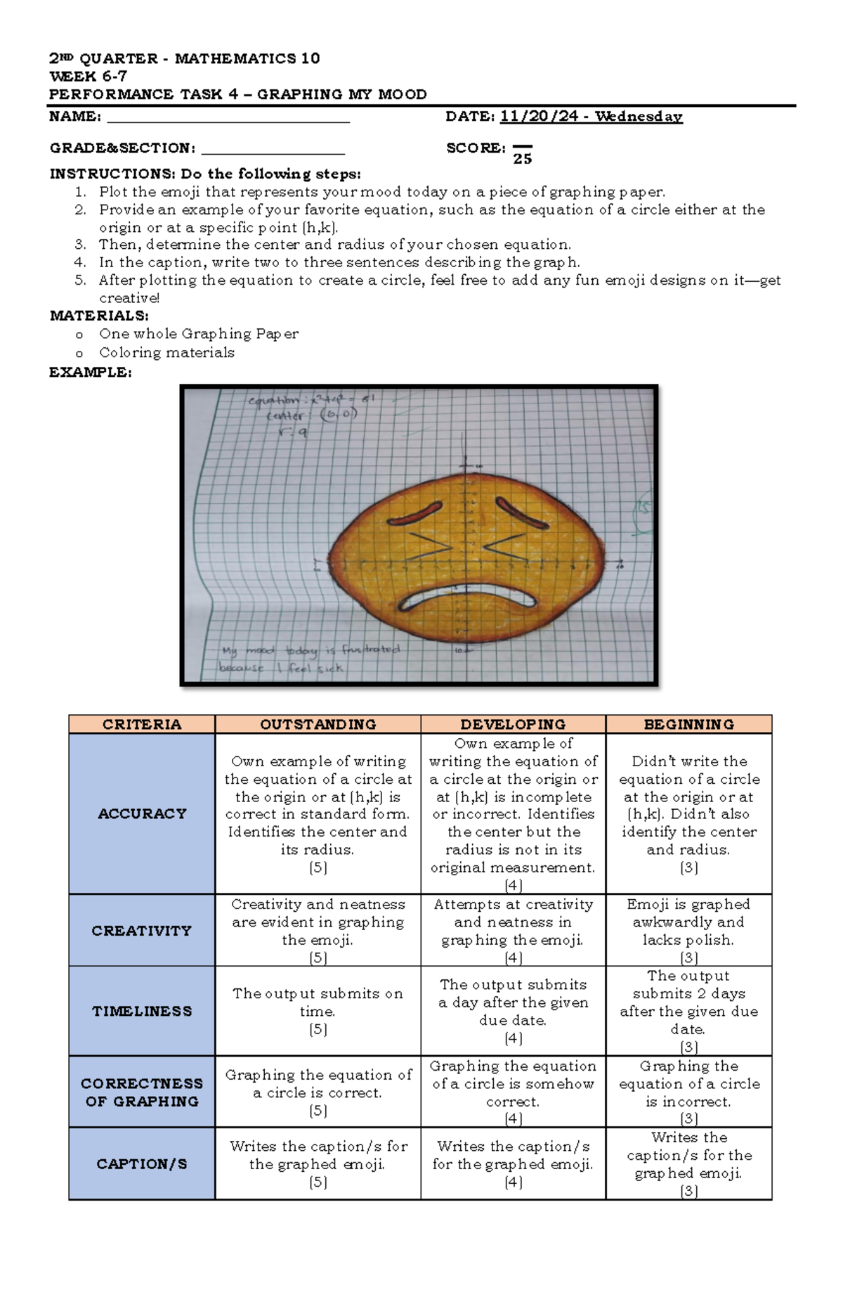 Q2 MATH-10 Performance Task 4: Graphing My Mood - Studocu