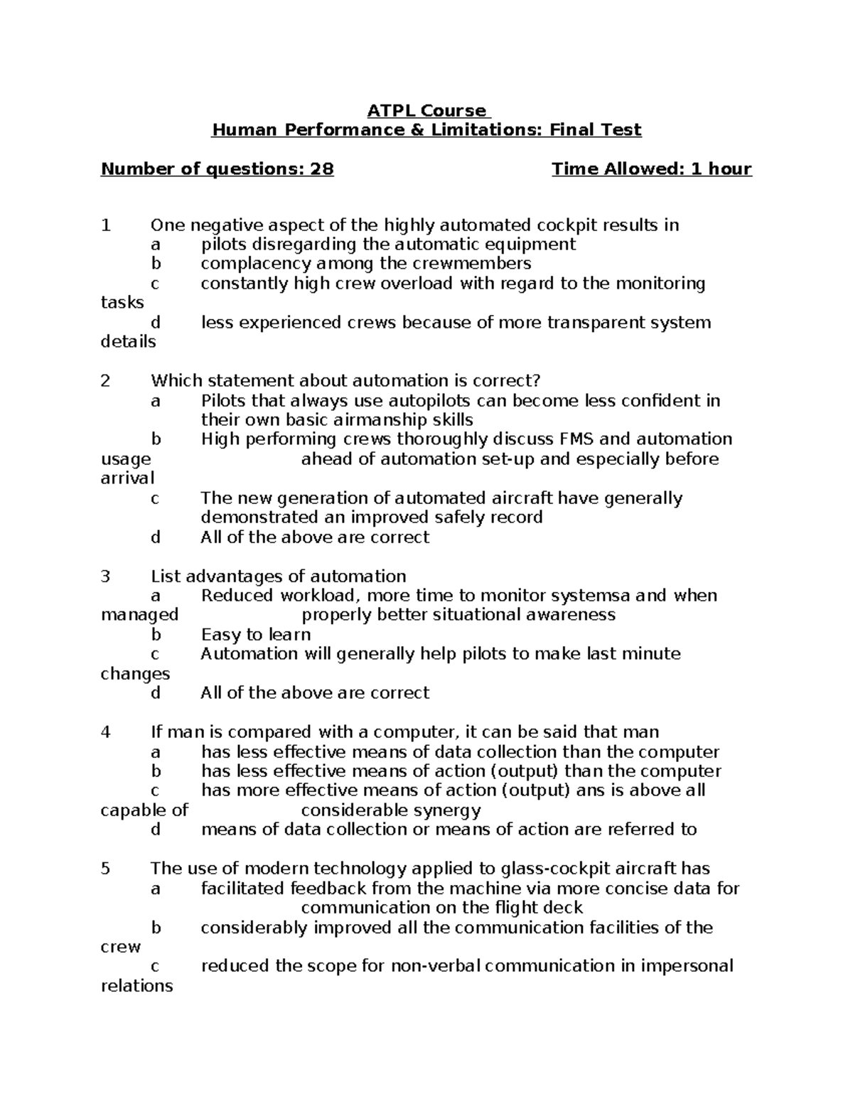 HPL ATPL FT 1 - Human Performance Limitations Final Test Questions ...