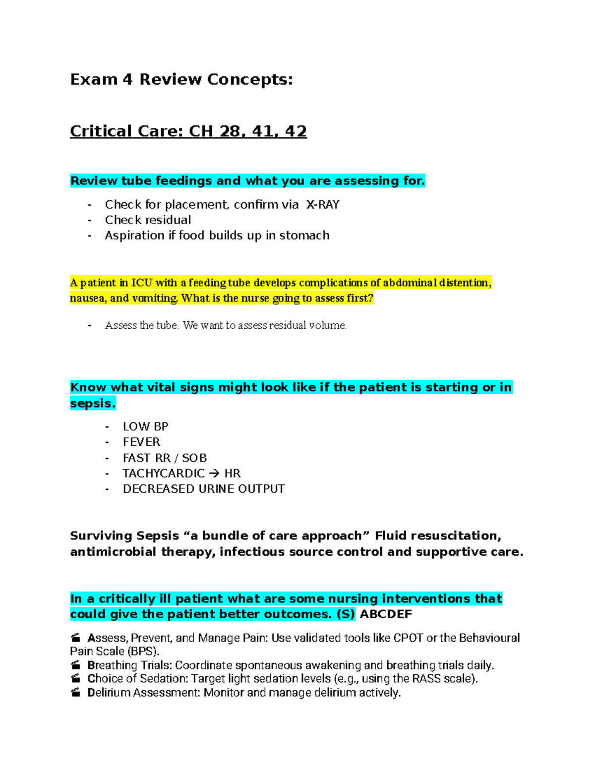 Exam 4 Review: Critical Care Concepts & Interventions (CH 28, 41, 42 ...