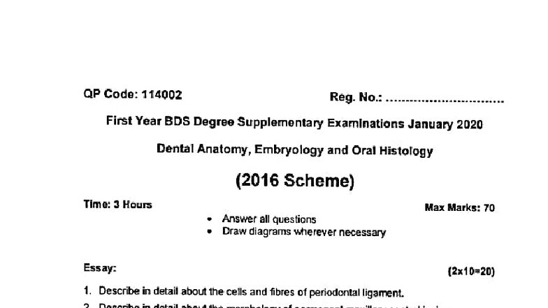 BDS 1st Year: Dental Anatomy, Embryology & Oral Histology Exam Papers ...