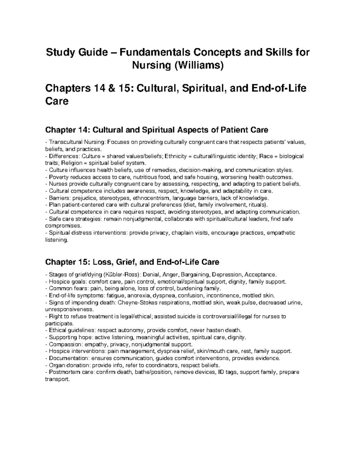 Study Guide Ch14-15: Cultural & Spiritual Care in Nursing (Williams ...