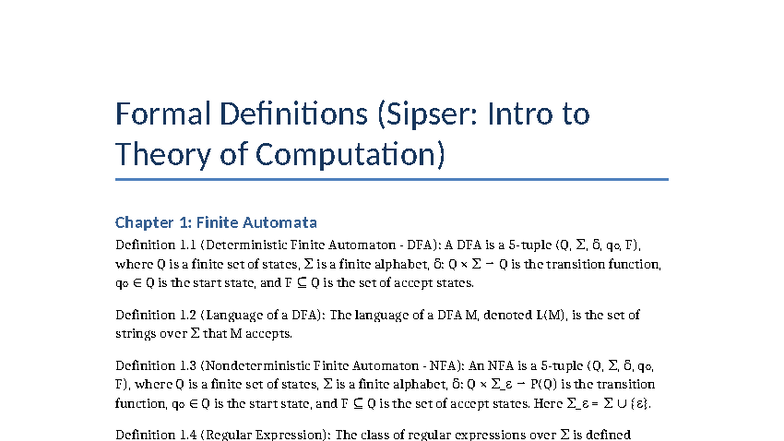 Sipser definitions - Notes - Formal Definitions (Sipser: Intro to ...