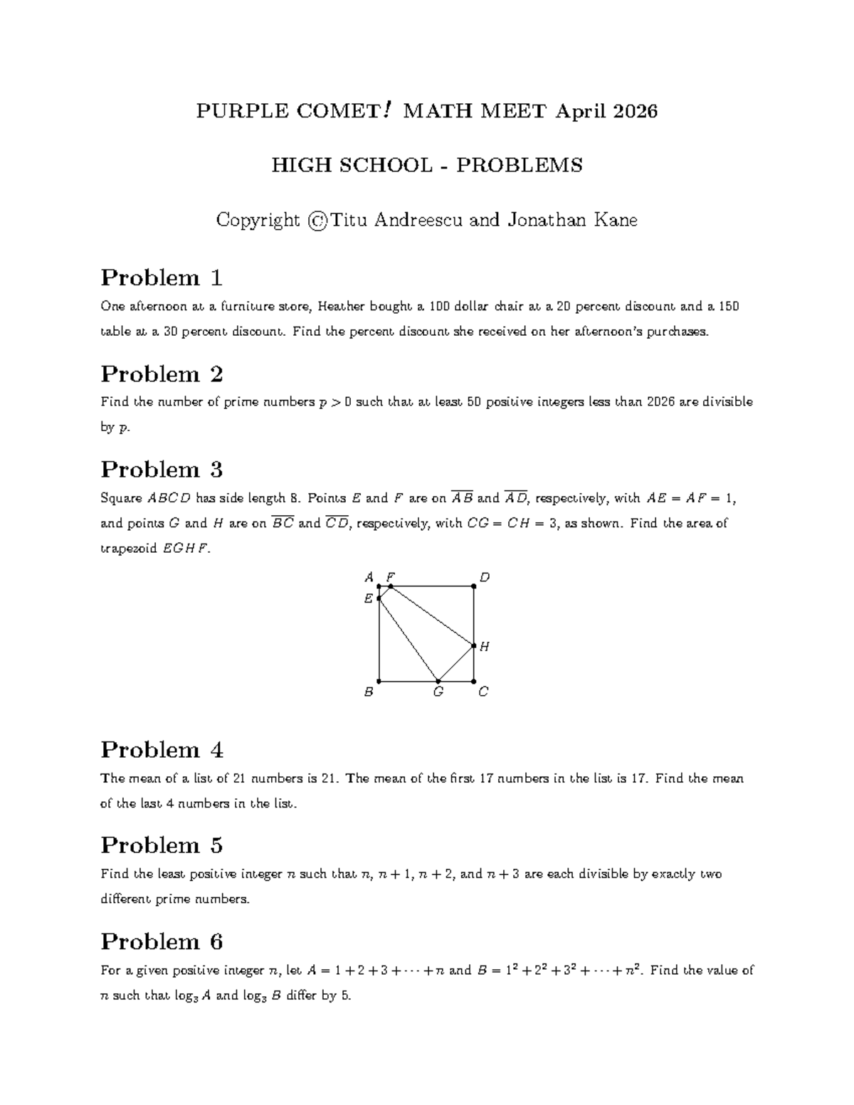 Purple Comet! Math Meet 2026: High School Problems and Solutions - Studocu
