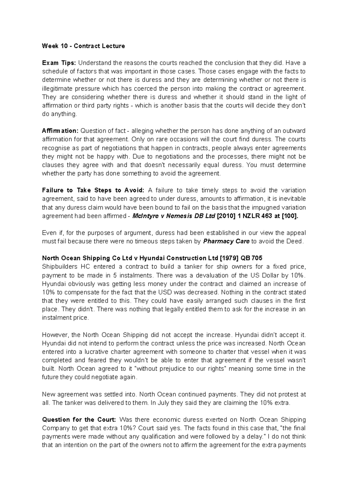 LAW 101: Week 10 Lecture Notes on Contract Law and Duress - Studocu