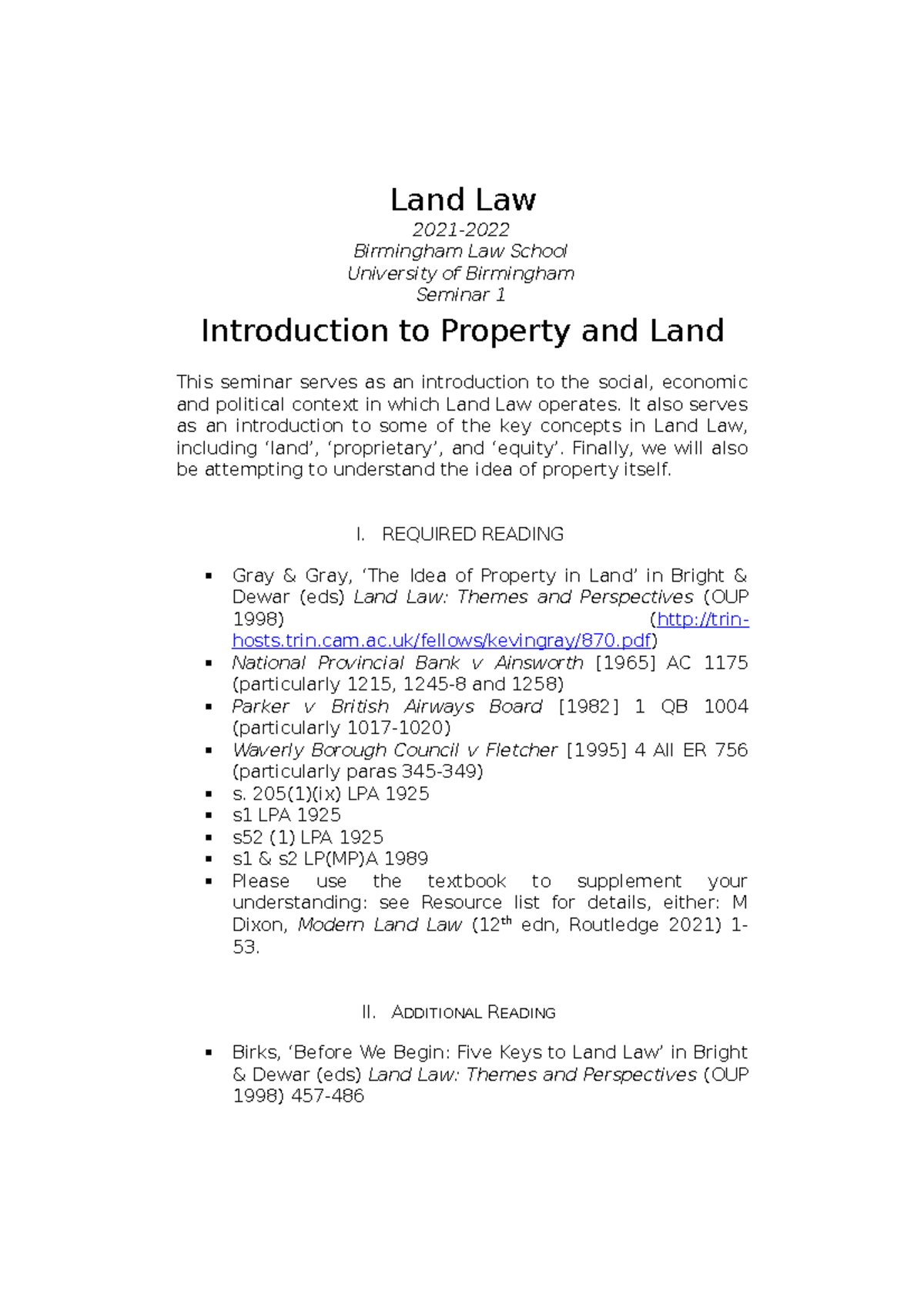 Land Law Seminar 1 - Essential Notes and Key Concepts Overview - Studocu