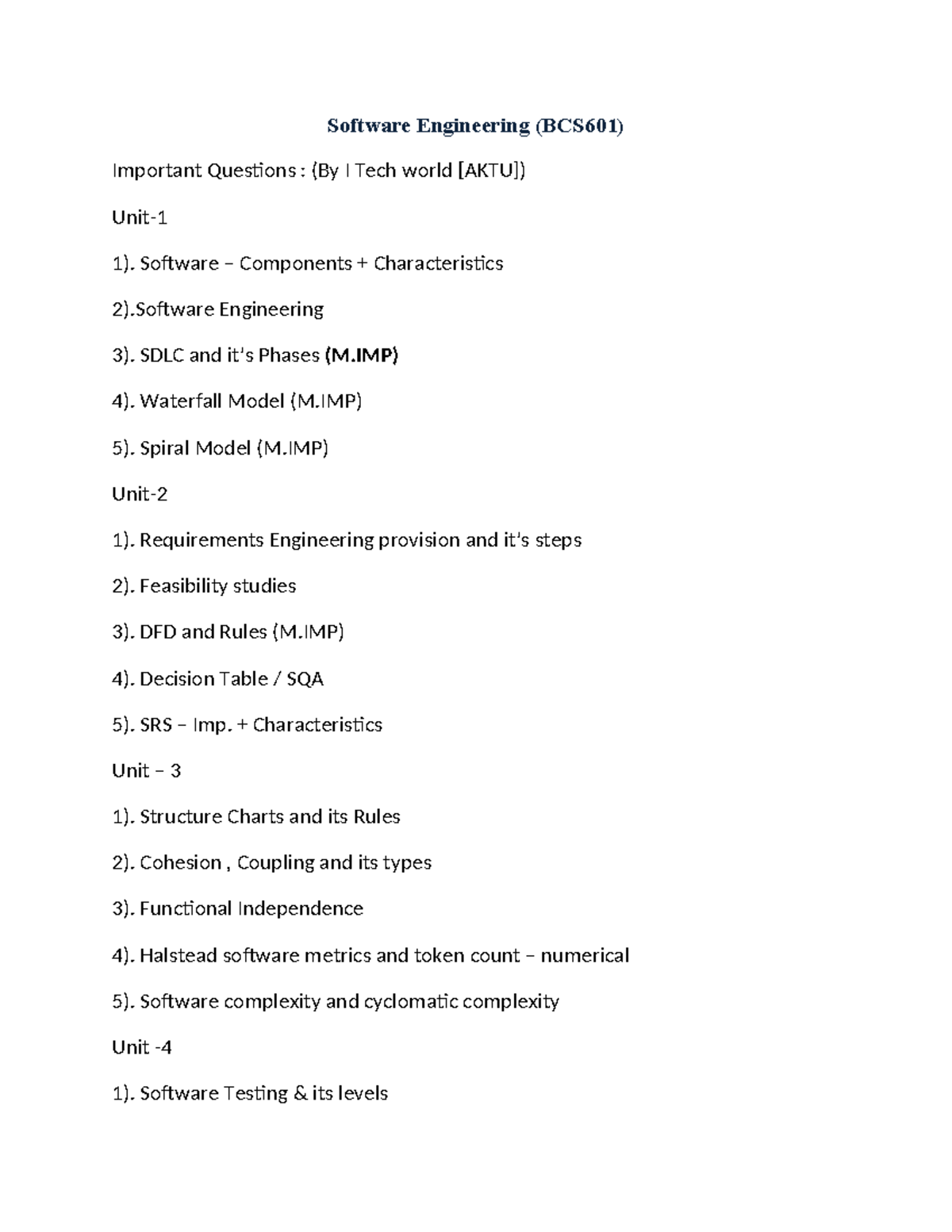 Software Engineering (BCS601) Practice Questions & Key Concepts - Studocu