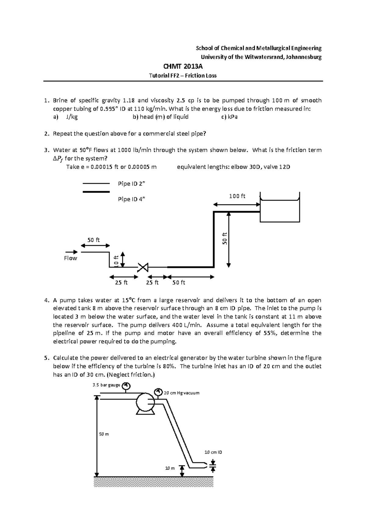 CHMT2023A Tutorial 10 - Friction Loss Calculations and Analysis - Studocu