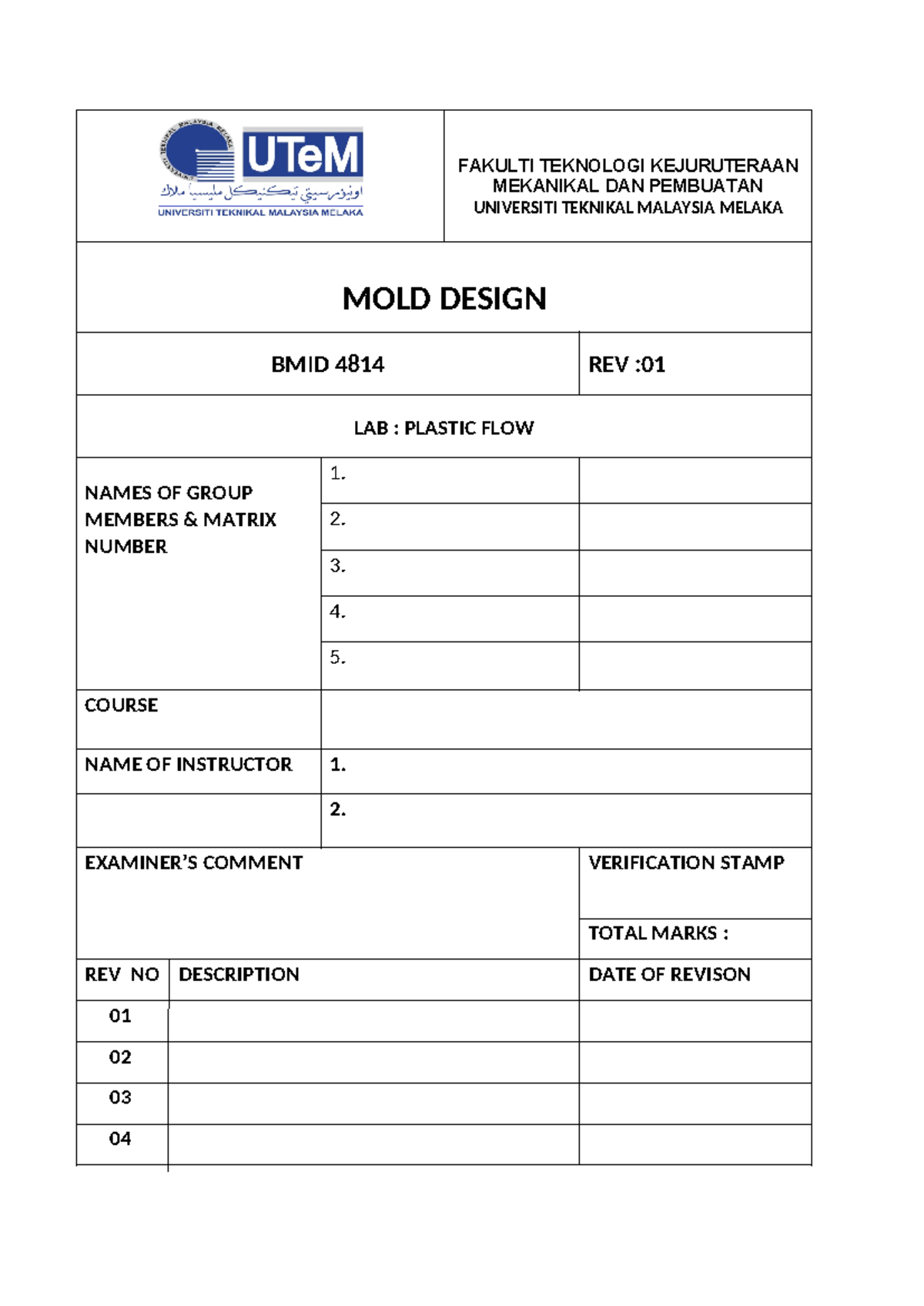 LAB Sheet 2: Exploring Plastic Flow in MOLD Design (BMID 4814) - Studocu