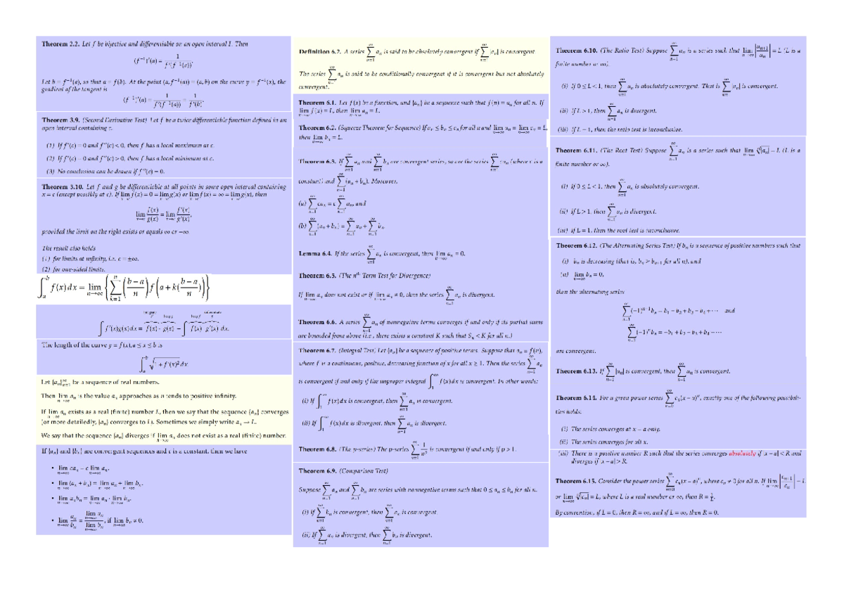 MA1521 cheatsheet - Theorem 2. Let f be bijective and differentiable on ...