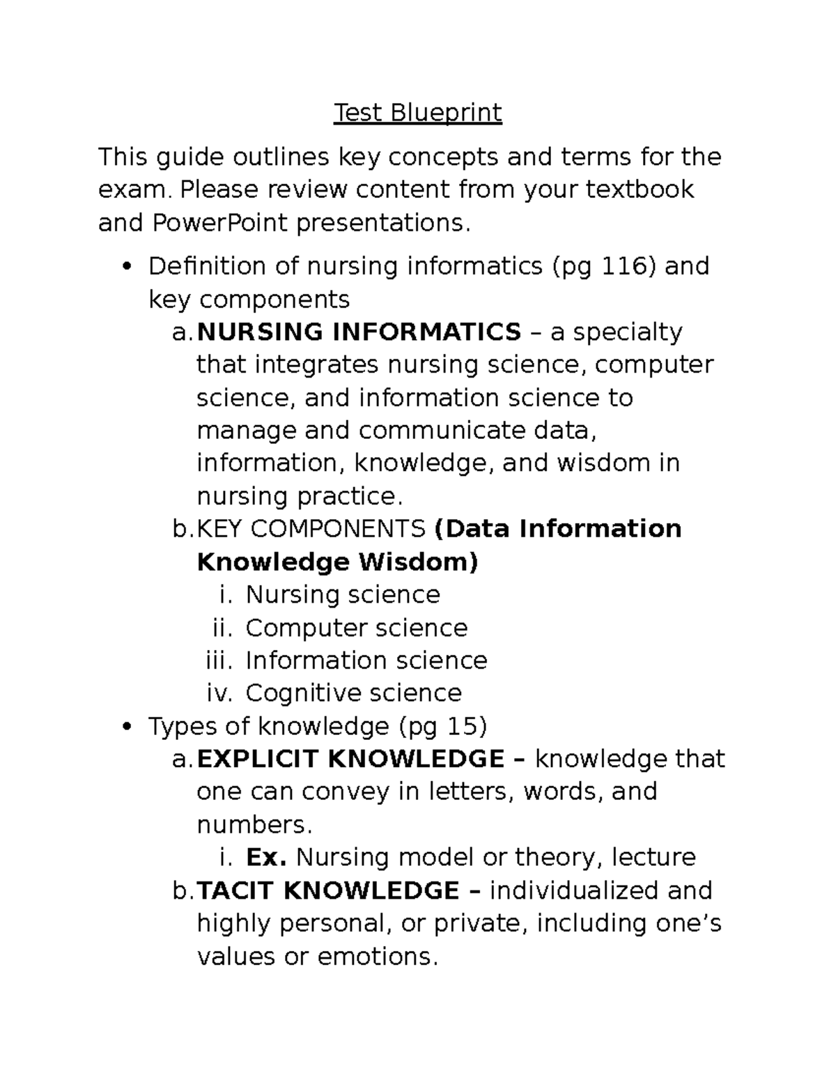 Nursing Informatics Test Blueprint: Key Concepts & Terms - Studocu