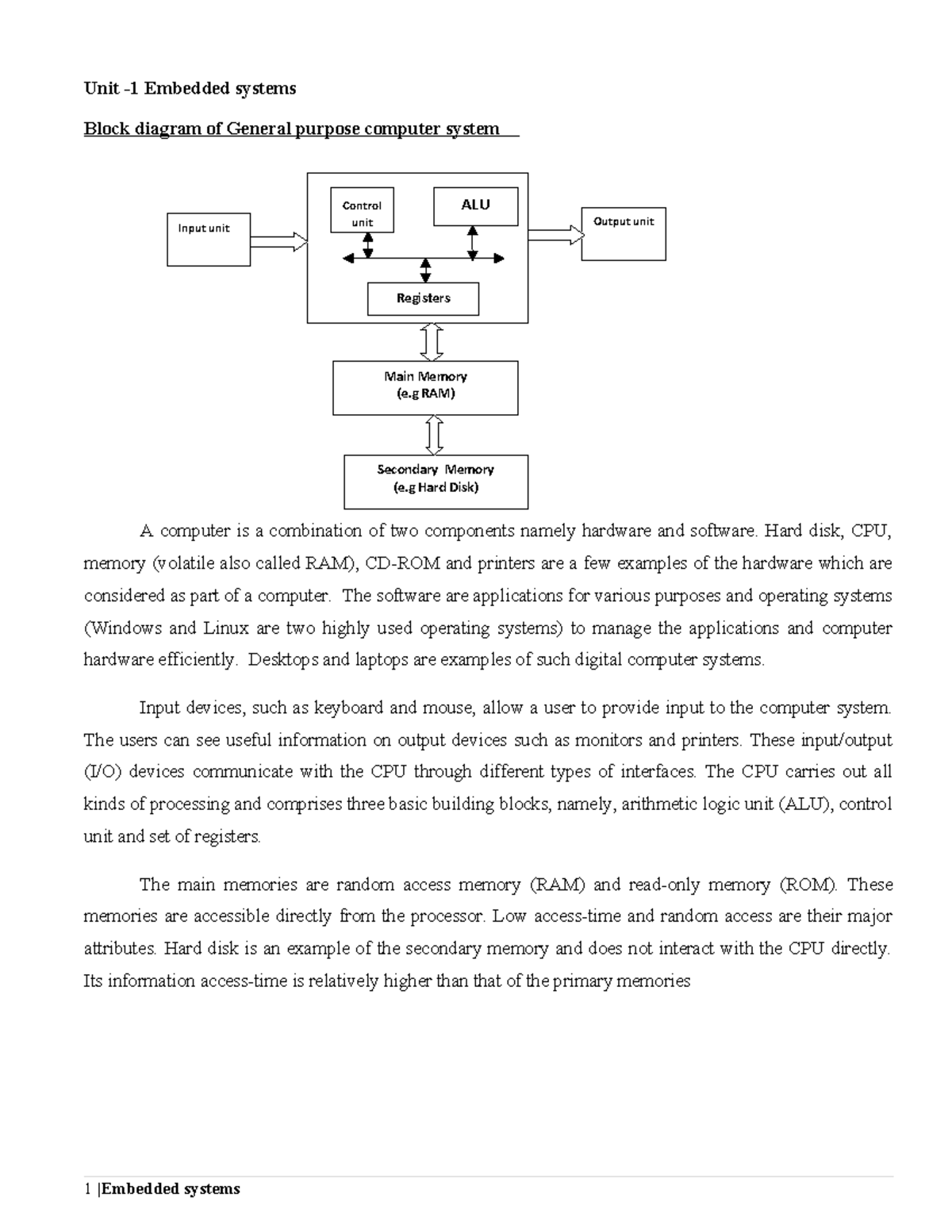 Embedded Systems Unit 1: Overview of Computer Architecture and ...
