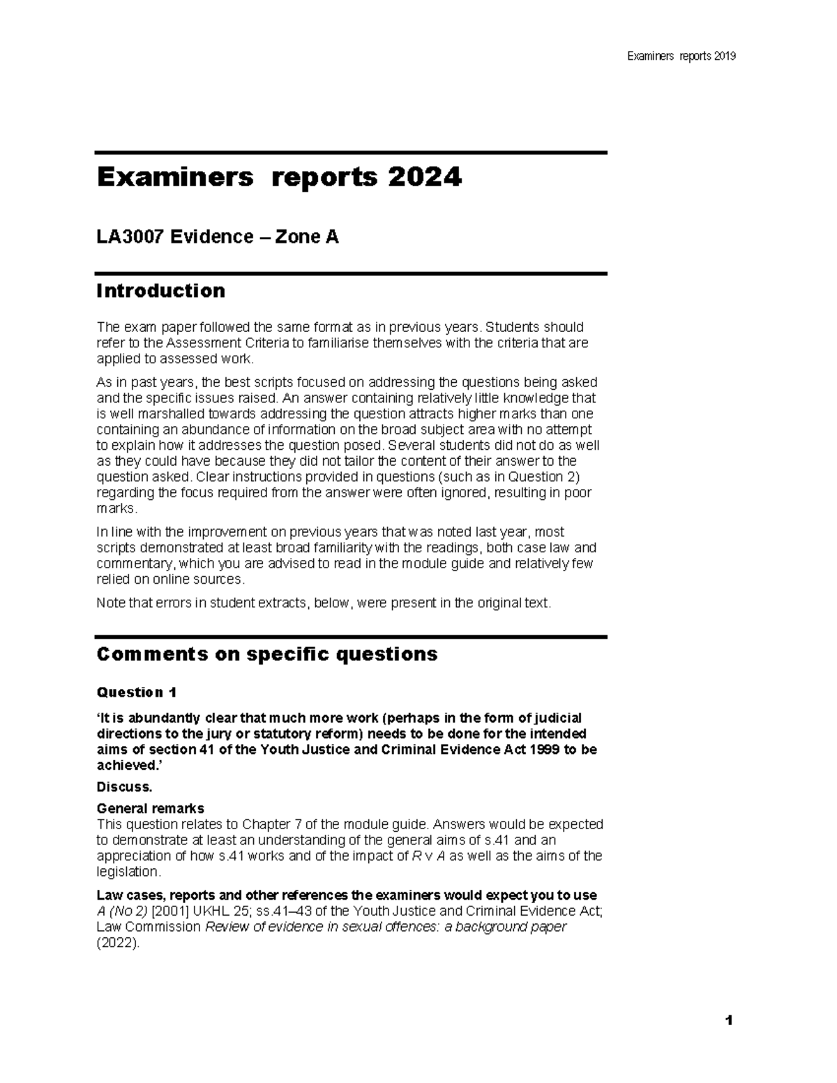 Evidence report 2024 A - practice - Examiners’ reports 2019 Examiners ...