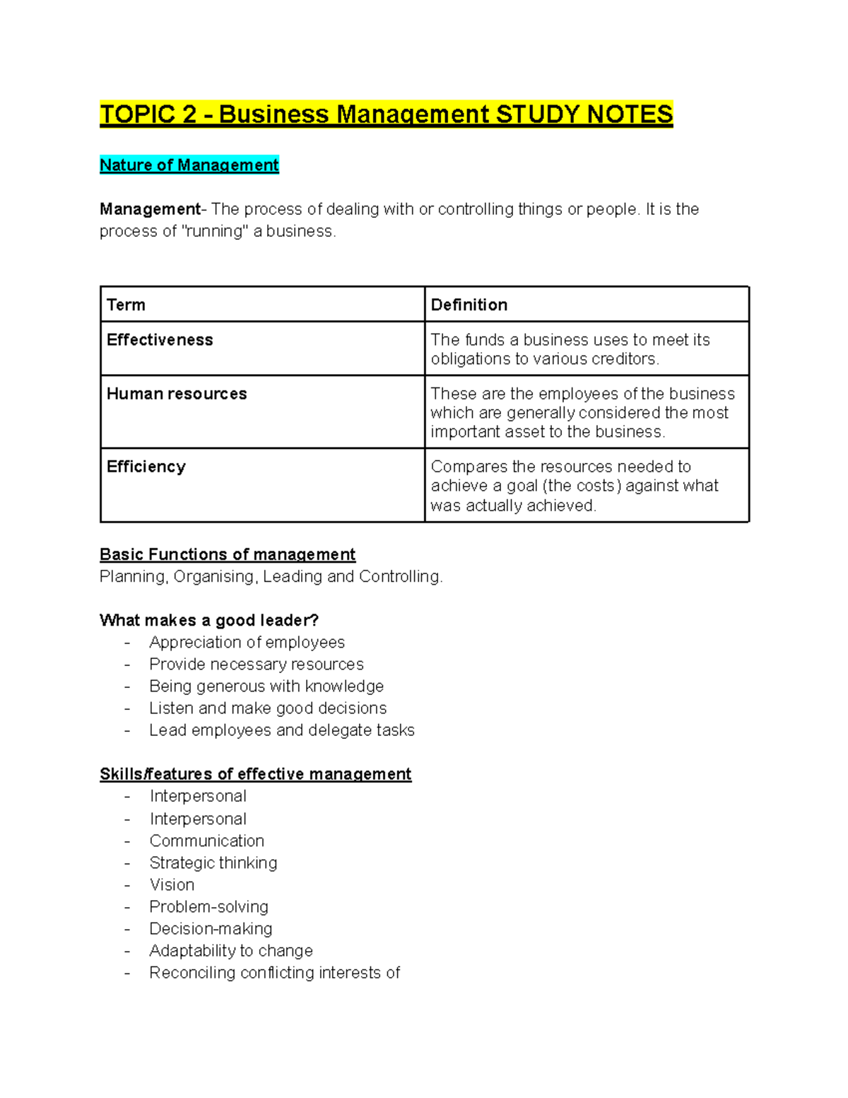 Topic 2 - Business Management Study Notes (Preliminary) - Studocu